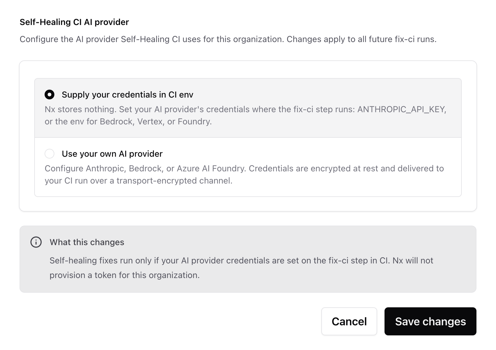 The Self-Healing CI AI provider setting, showing the CI env and Nx Cloud provider options