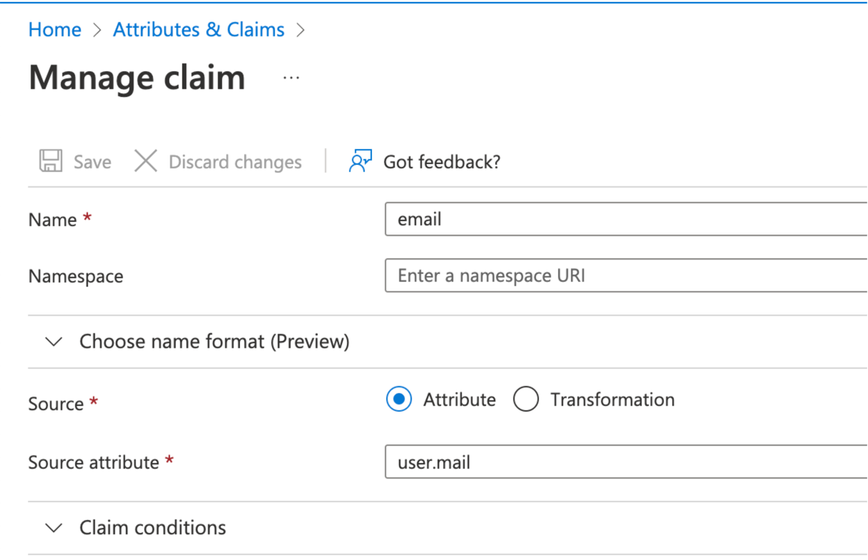 Set email claim name and namespace
