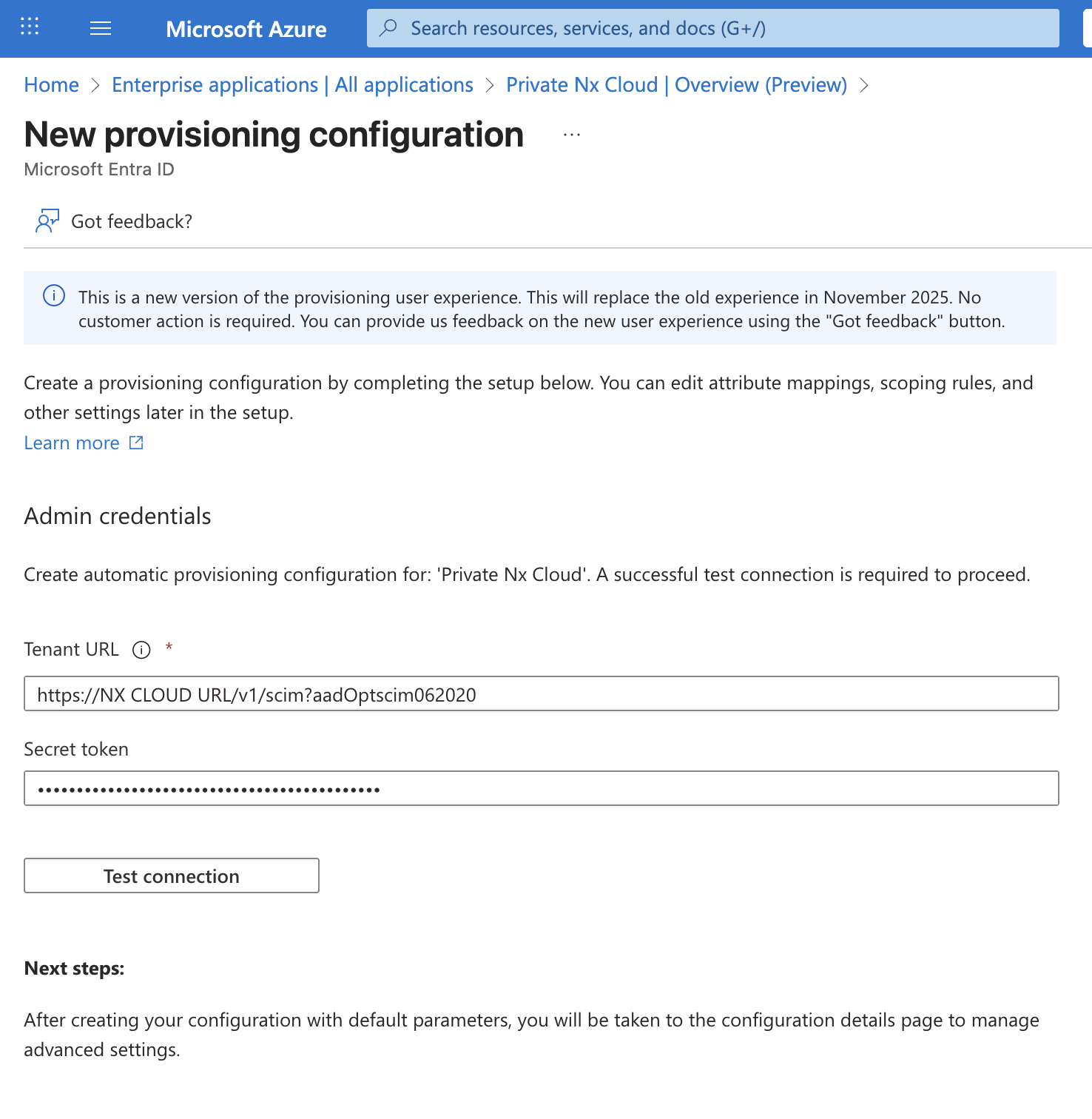 Enter the tenant URL and secret token