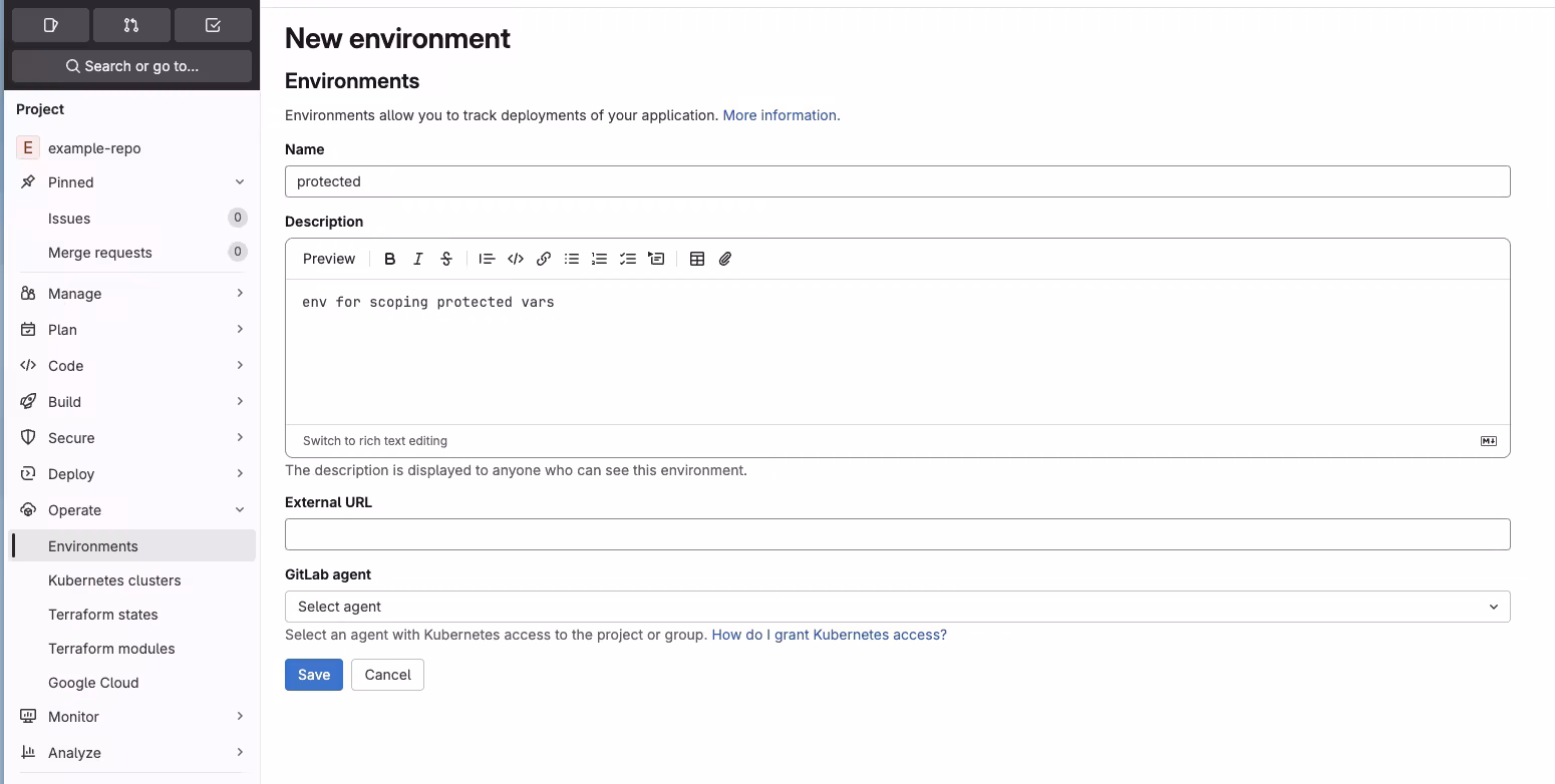 define gitlab environment for protected branches