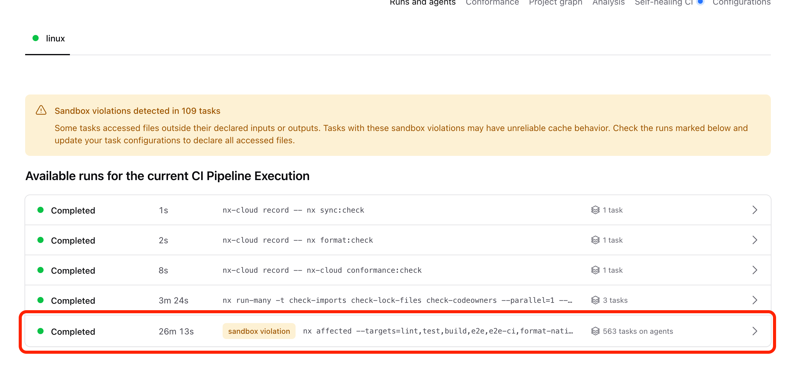 CIPE page showing sandbox violations detected in 109 tasks, with a run tagged as sandbox violation