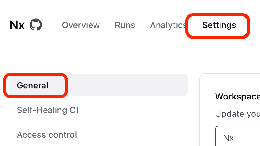 Nx Cloud settings sidebar showing General settings
