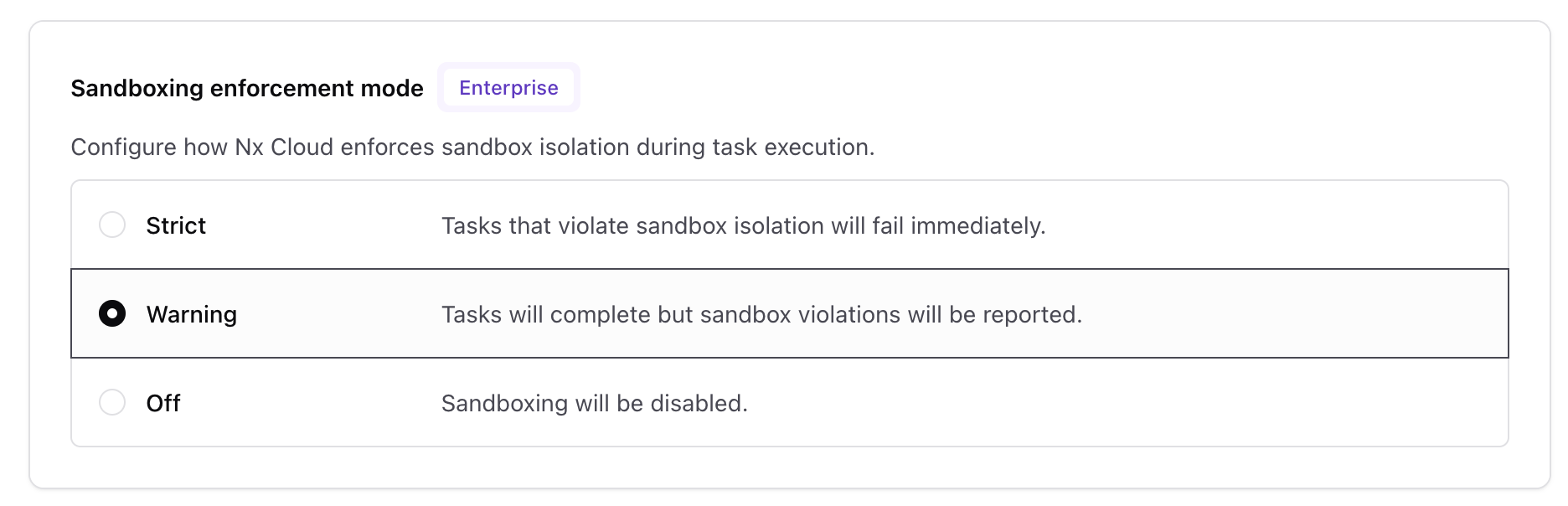 Sandboxing enforcement mode setting with Strict, Warning, and Off options