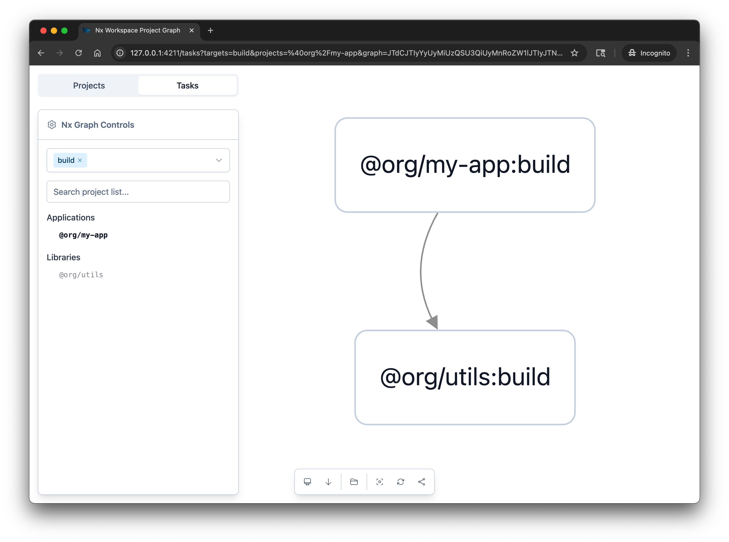 Task graph showing @my-workspace/my-app:build depending on @my-workspace/utils:build, with the arrow indicating utils must build first