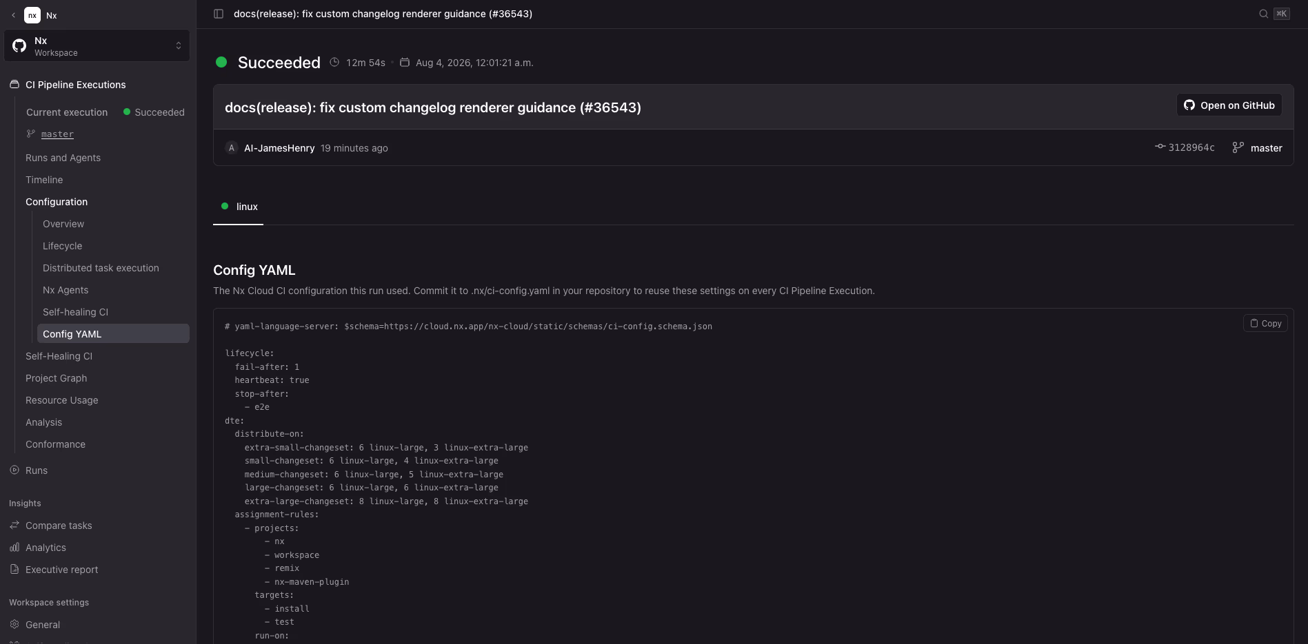 The Config YAML page in Nx Cloud showing the generated ci-config.yaml for a run, with a Copy button
