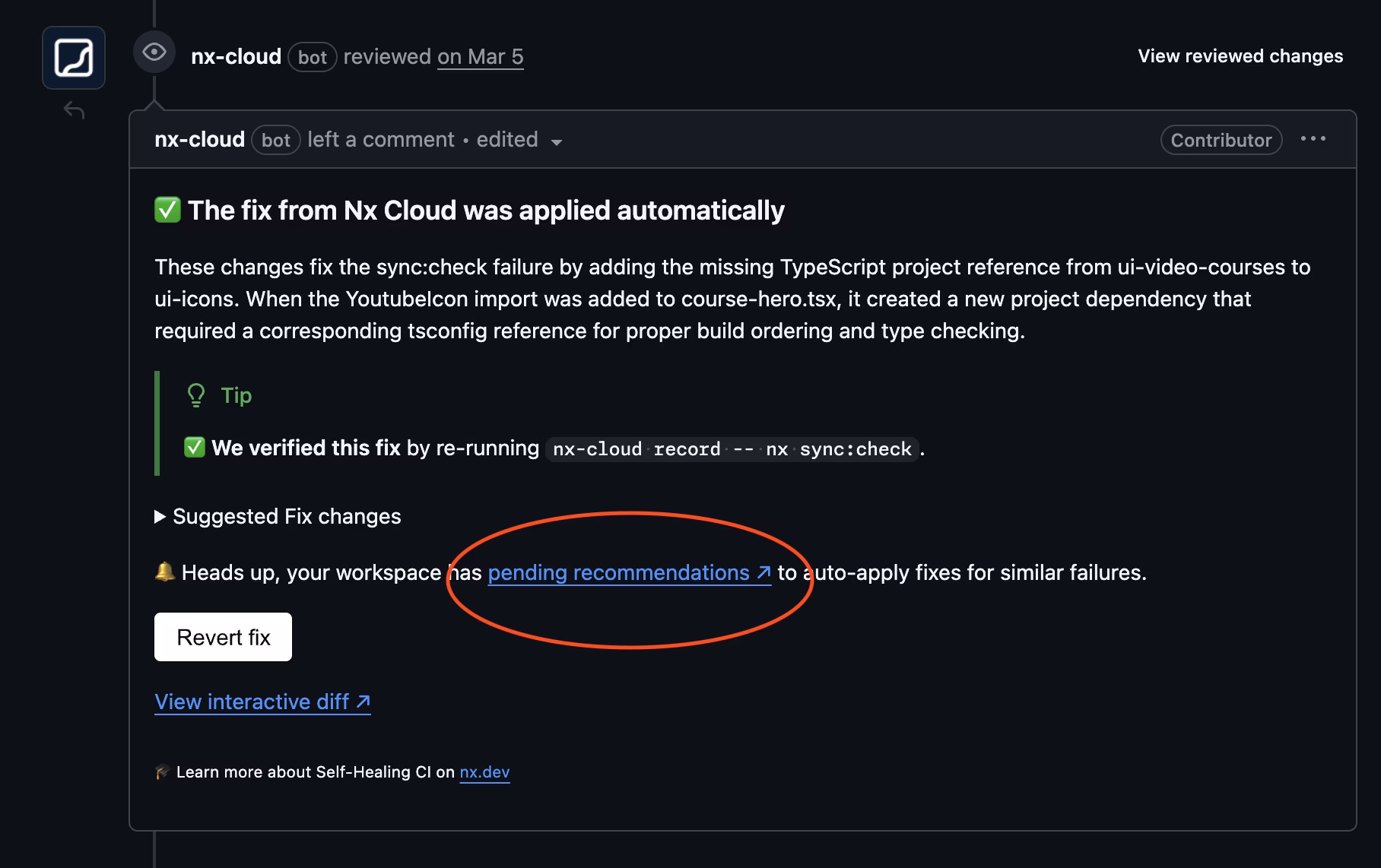 Pending recommendations in the GitHub PR comment