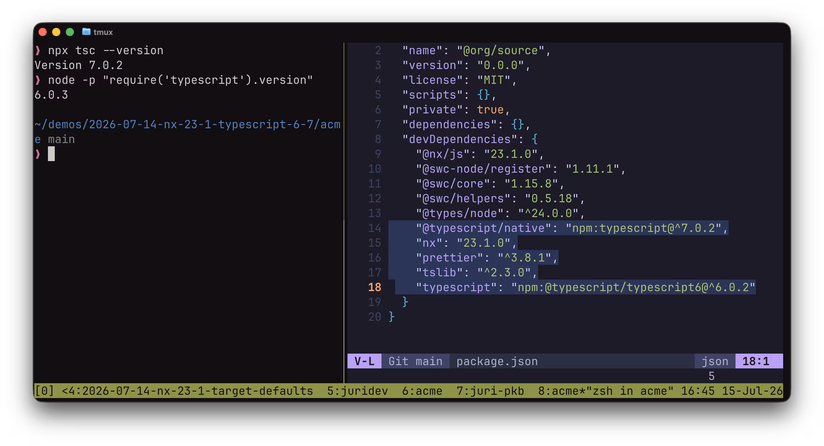 TypeScript 6 and 7 installed side-by-side in an Nx workspace, with tsc reporting v7 and the programmatic typescript package pinned to v6
