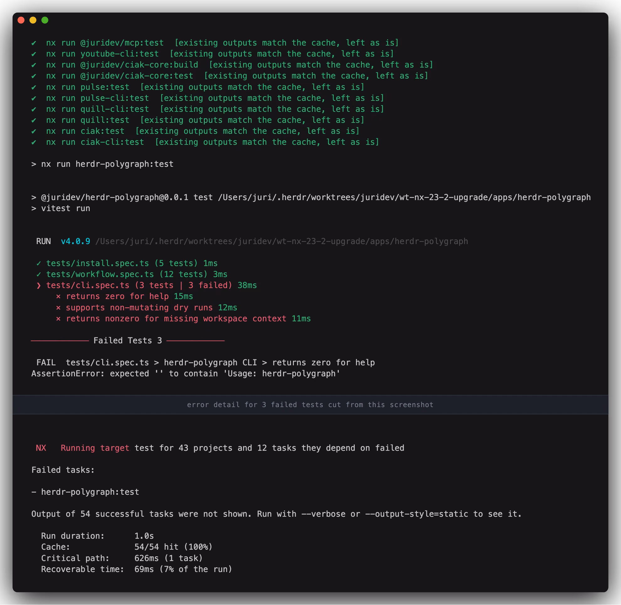 Terminal output of an Nx run-many test run where every cached success collapses to a single check-marked line, the one failing task prints its vitest error in full, and the summary reads Failed tasks herdr-polygraph test and Output of 54 successful tasks were not shown