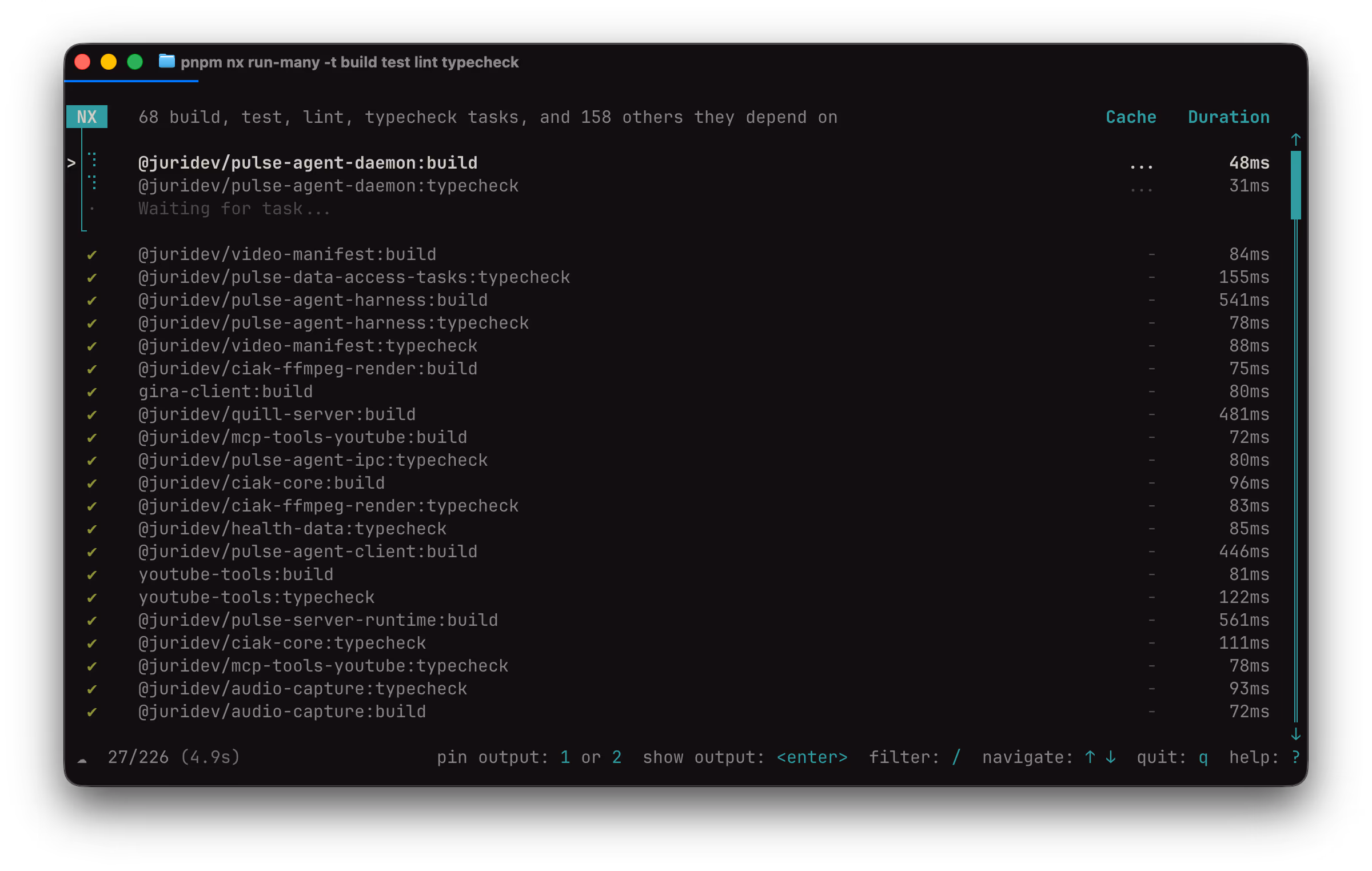 The Nx terminal UI running pnpm nx run-many -t build test lint typecheck, listing 68 tasks and 158 dependencies with per-task cache and duration columns, and the full-width status bar along the bottom