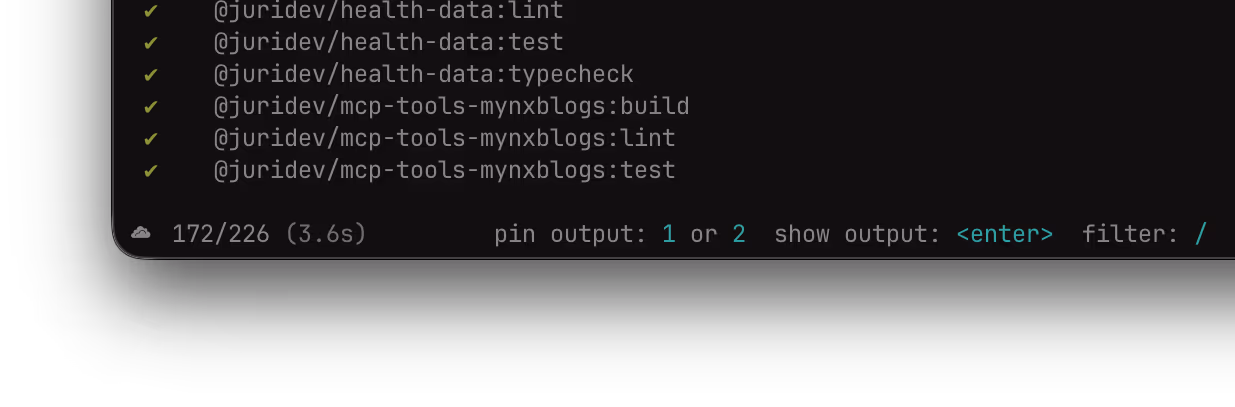 The Nx TUI status bar showing a 172/226 progress count with a 3.6s live run duration on the left, and the hint row on the right reading pin output 1 or 2, show output enter, filter slash