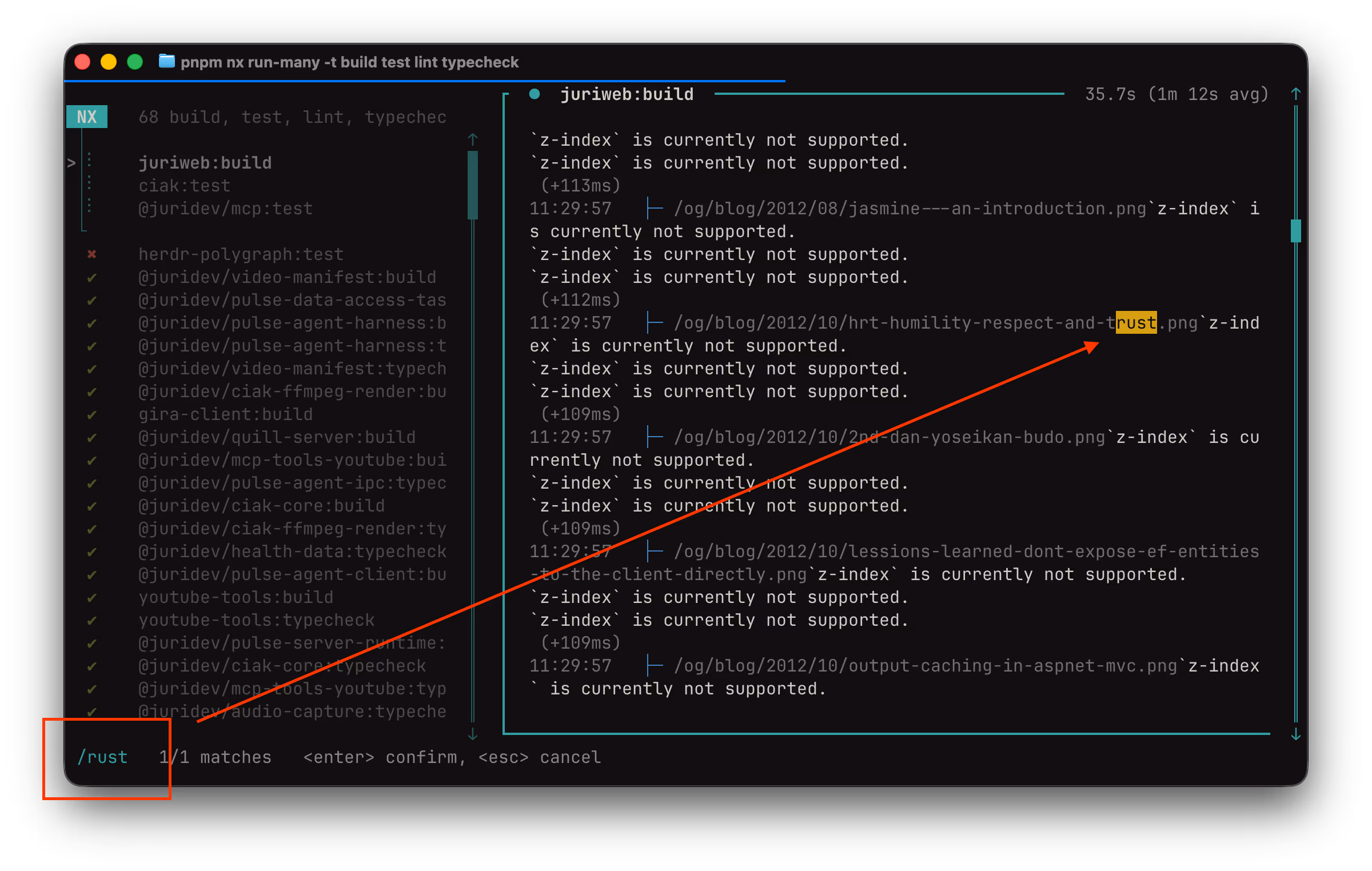 The Nx TUI with the detail pane open on juriweb:build, a search for rust typed at the bottom left showing 1 out of 1 matches with enter to confirm and esc to cancel, and the matching text highlighted in the scrollback log