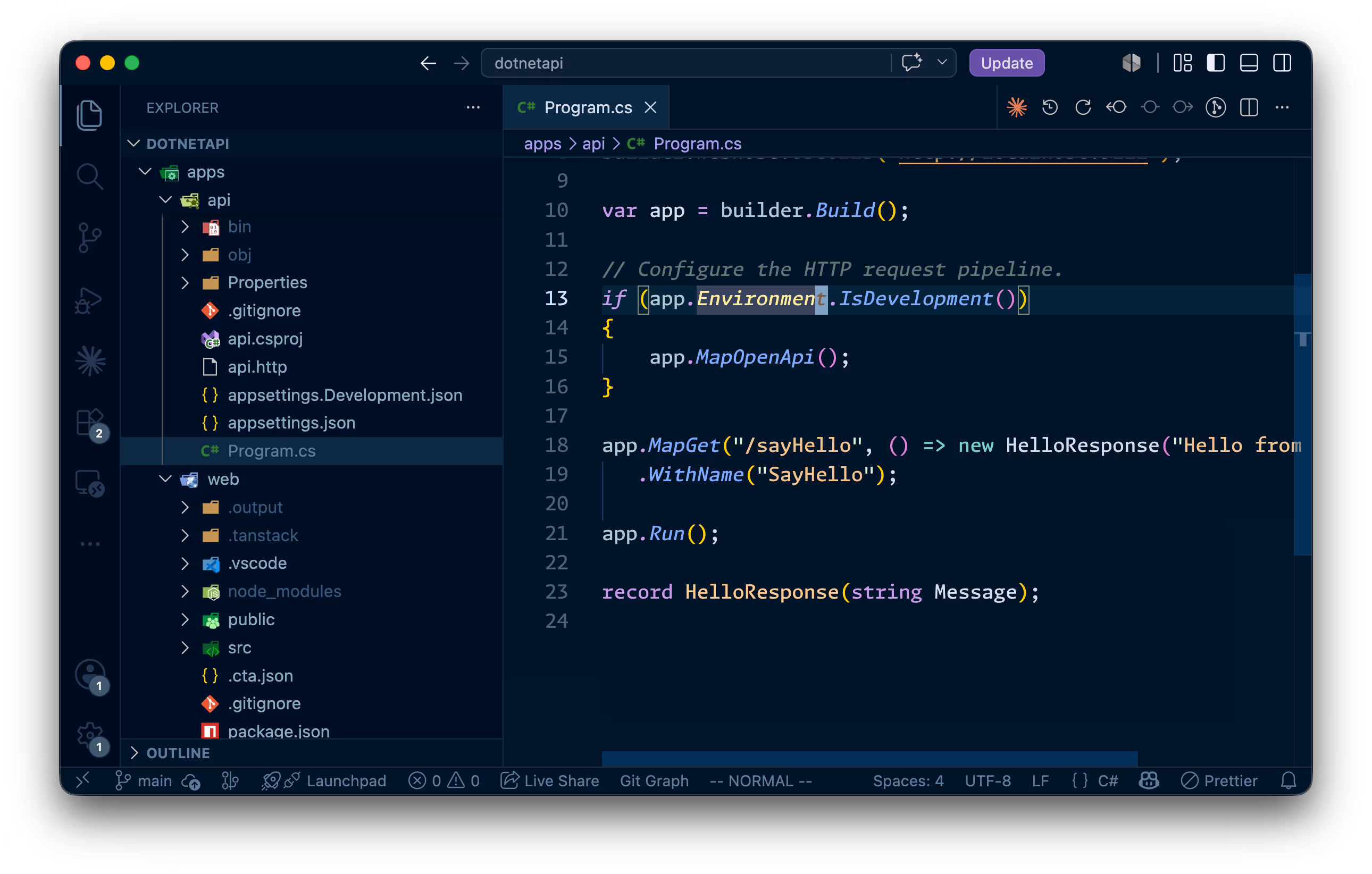 An Nx monorepo with a .NET API in `apps/api` and a TanStack web app in `apps/web` side by side in the editor