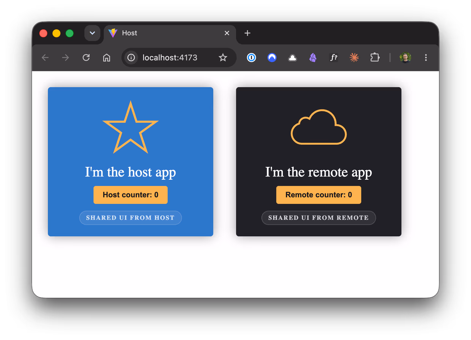 Nx + Vite Module Federation demo: a host app and a federated remote app running side by side, sharing UI components