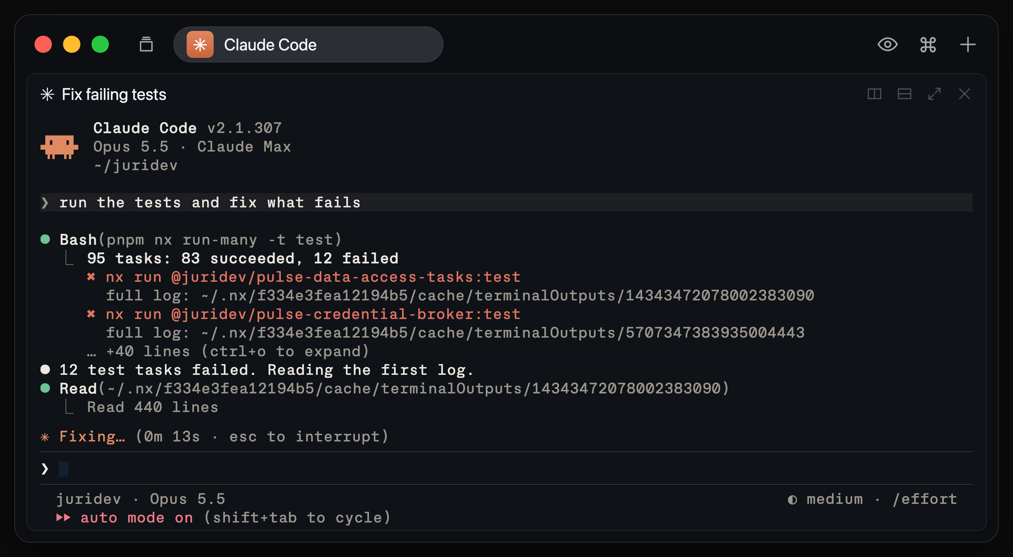 Claude Code runs nx run-many -t test, gets back only the task counts and the log path of each failure, and reads the first failing log