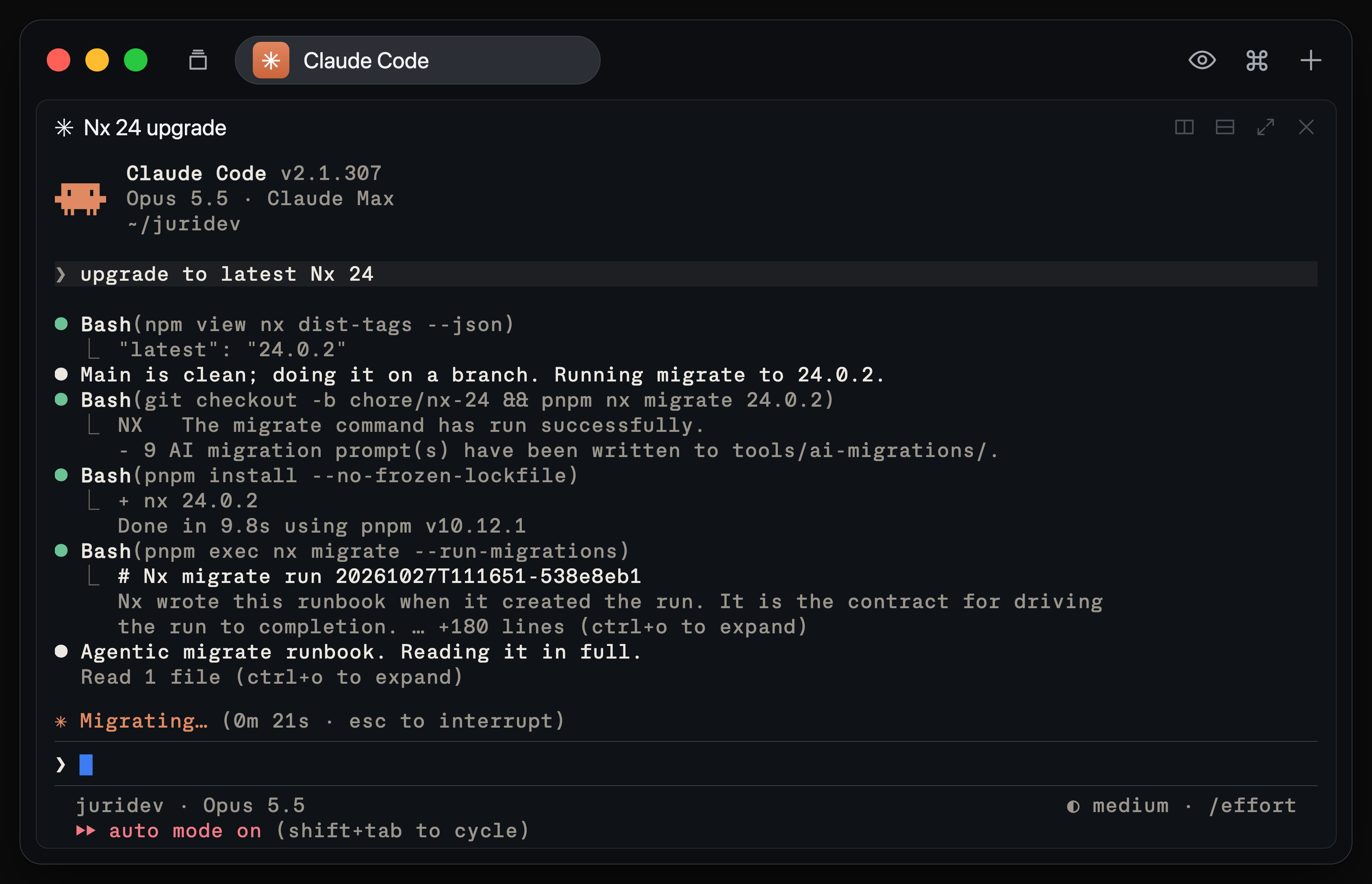 Claude Code asked to upgrade to the latest Nx 24 runs nx migrate, then reads the runbook Nx wrote for the migrate run