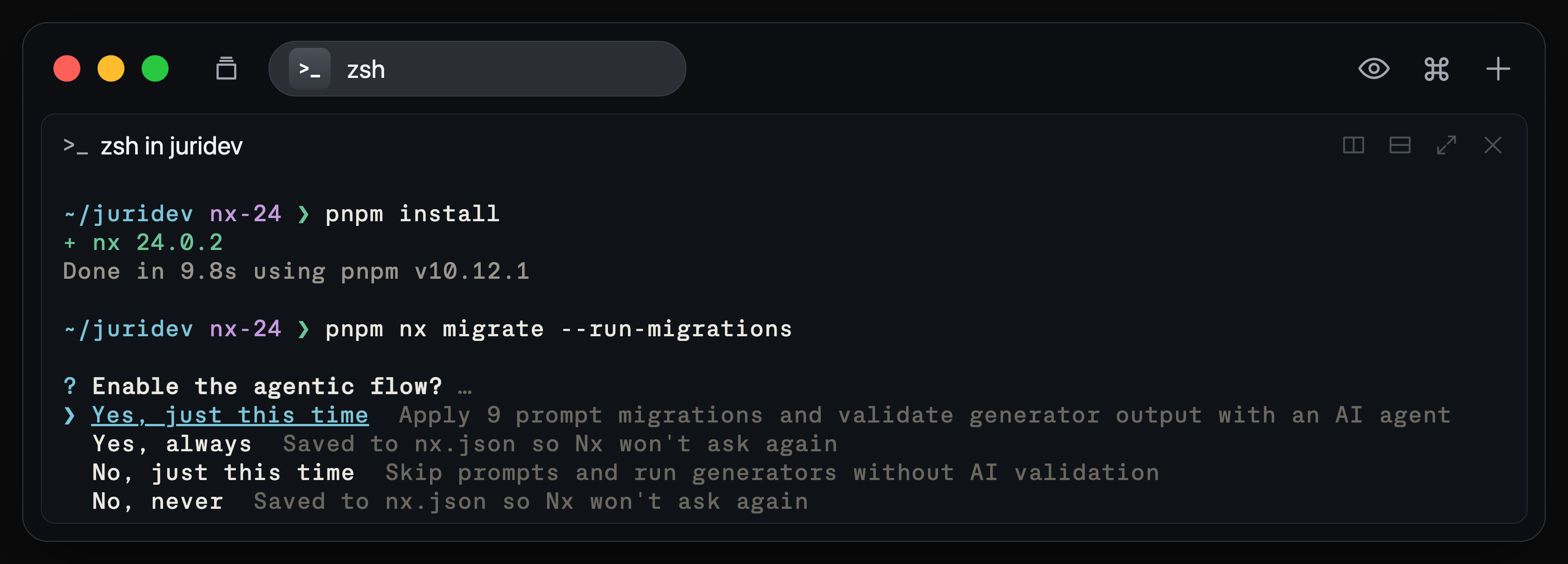 nx migrate --run-migrations asking whether to enable the agentic flow, with options to use an AI agent this time, always, or not at all