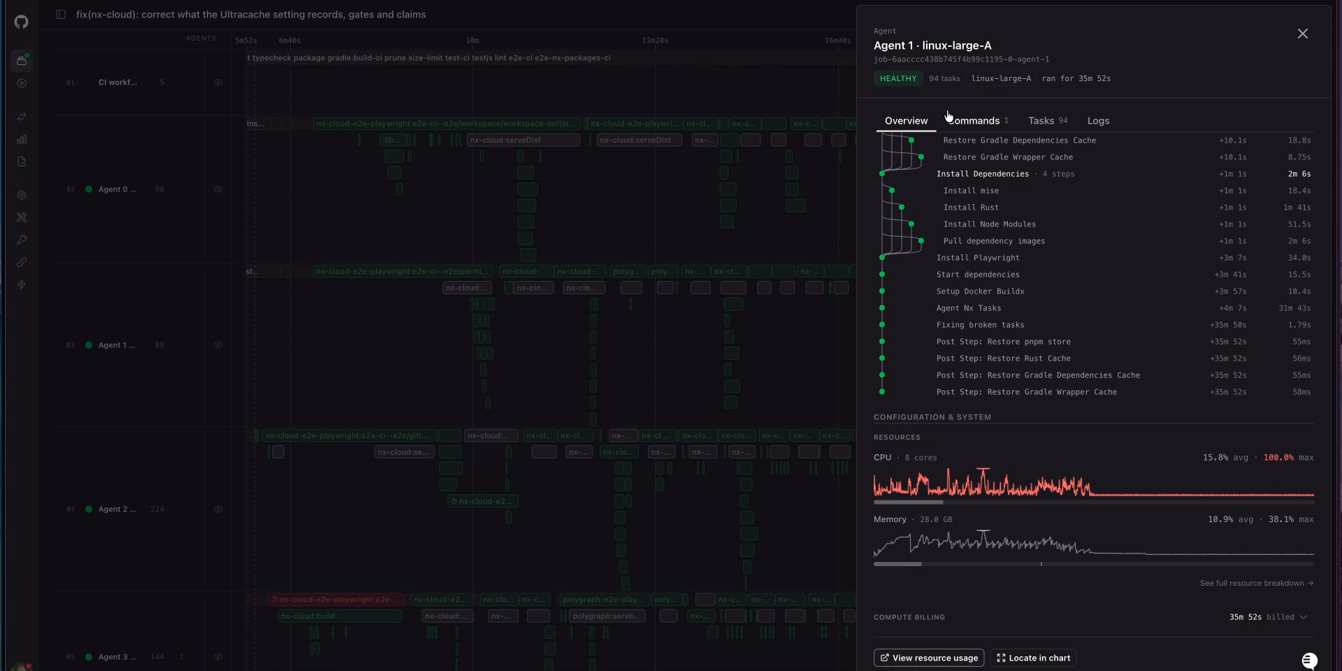 The agent drawer showing setup steps with durations and CPU and memory charts below them