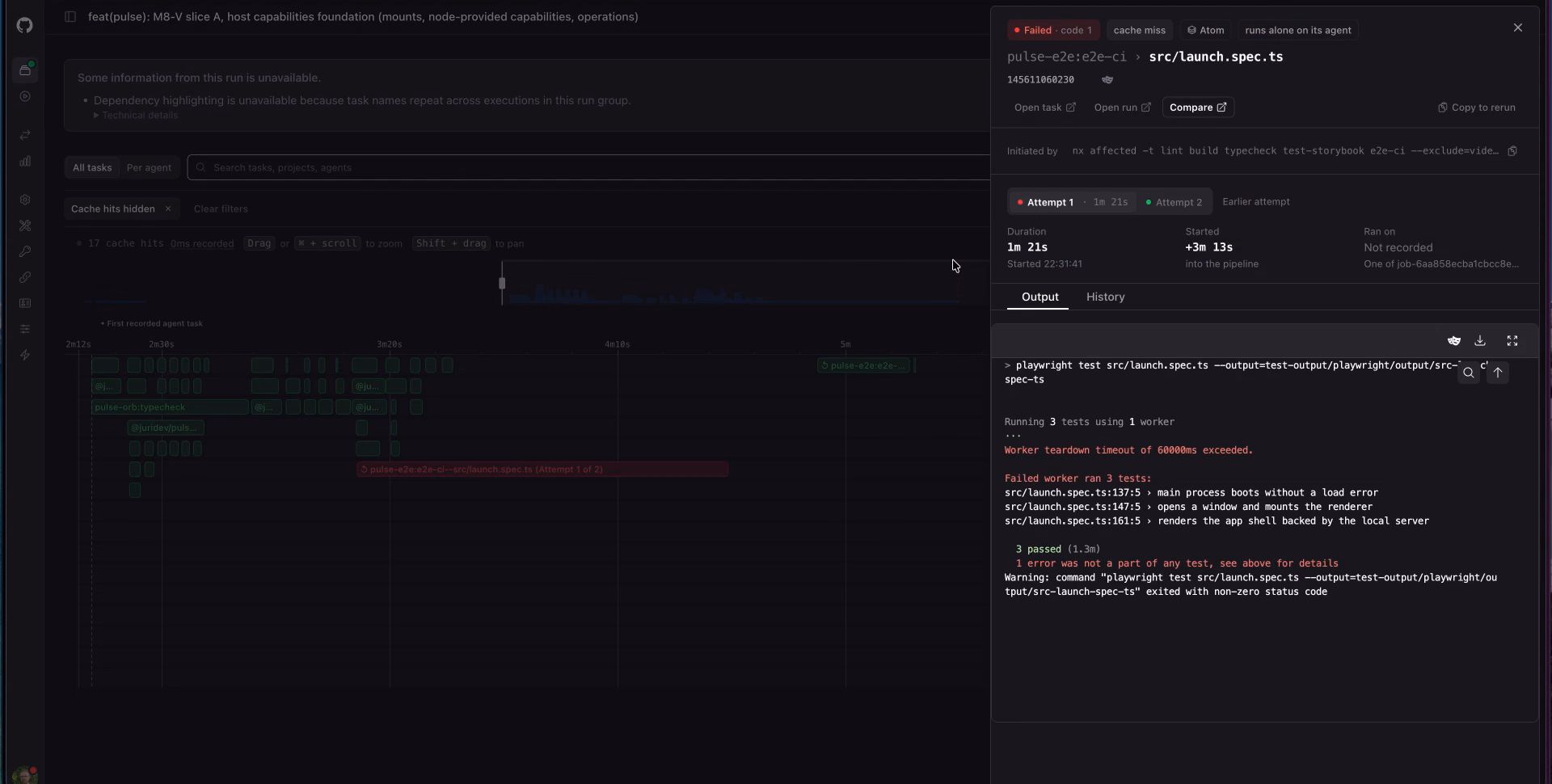 The task drawer for a failed Playwright spec, showing attempt 1 and attempt 2 tabs alongside the captured terminal output