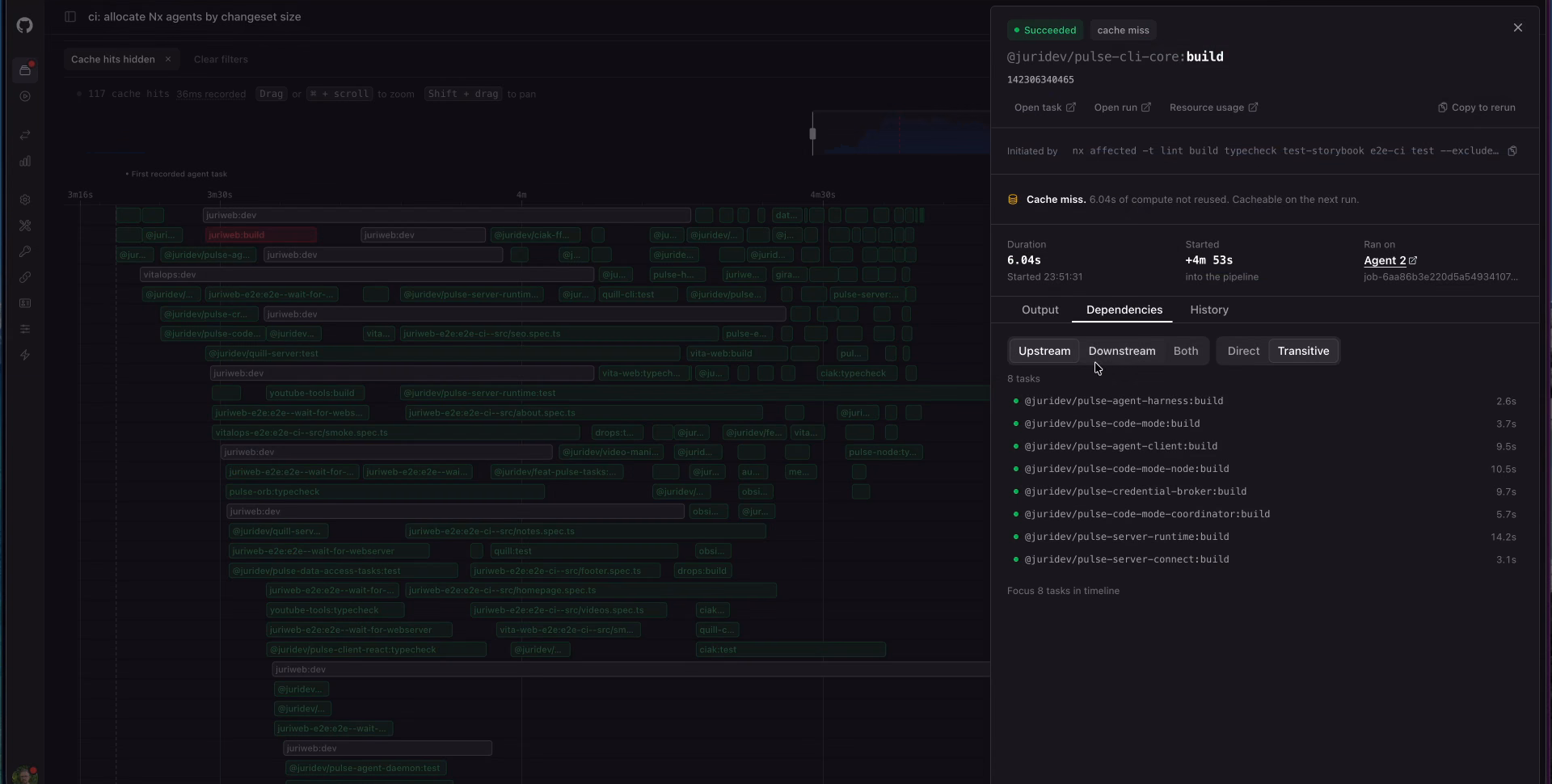 The dependencies tab of the task drawer, listing eight upstream build tasks with their durations