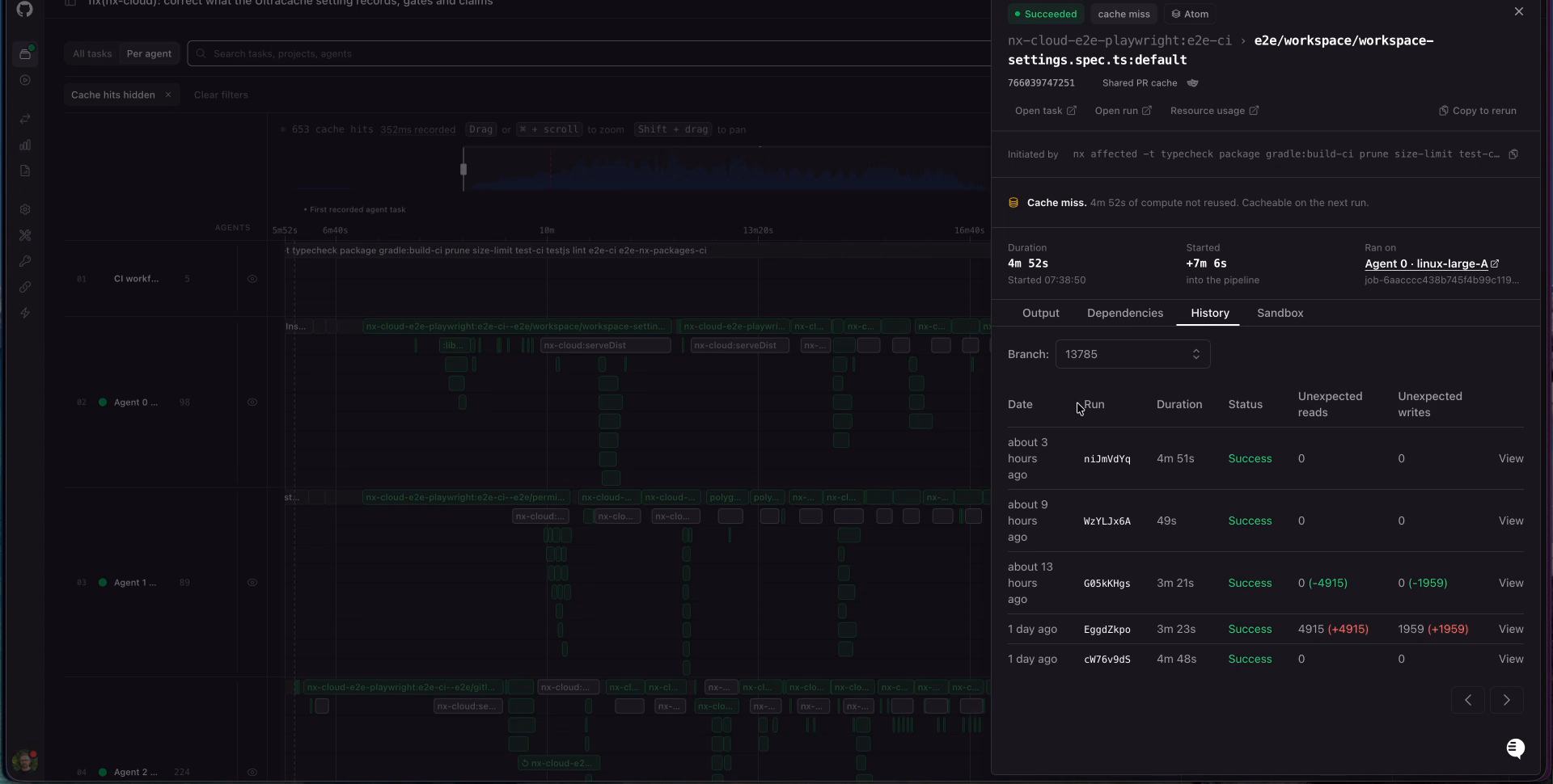 The History tab of the task drawer, listing previous runs of the same task with their date, run id, duration, status, and unexpected read and write counts