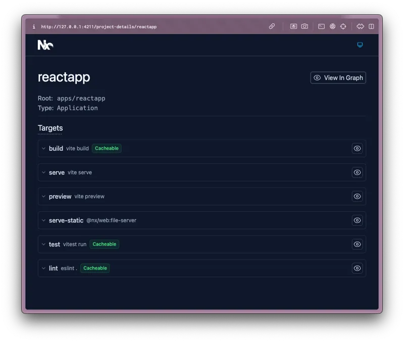 Browser view reads "reactapp, root: apps/reactapp, type: application" and shows a list of targets.