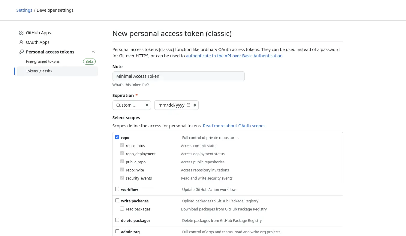 Minimum GitHub Personal Access Token Permissions