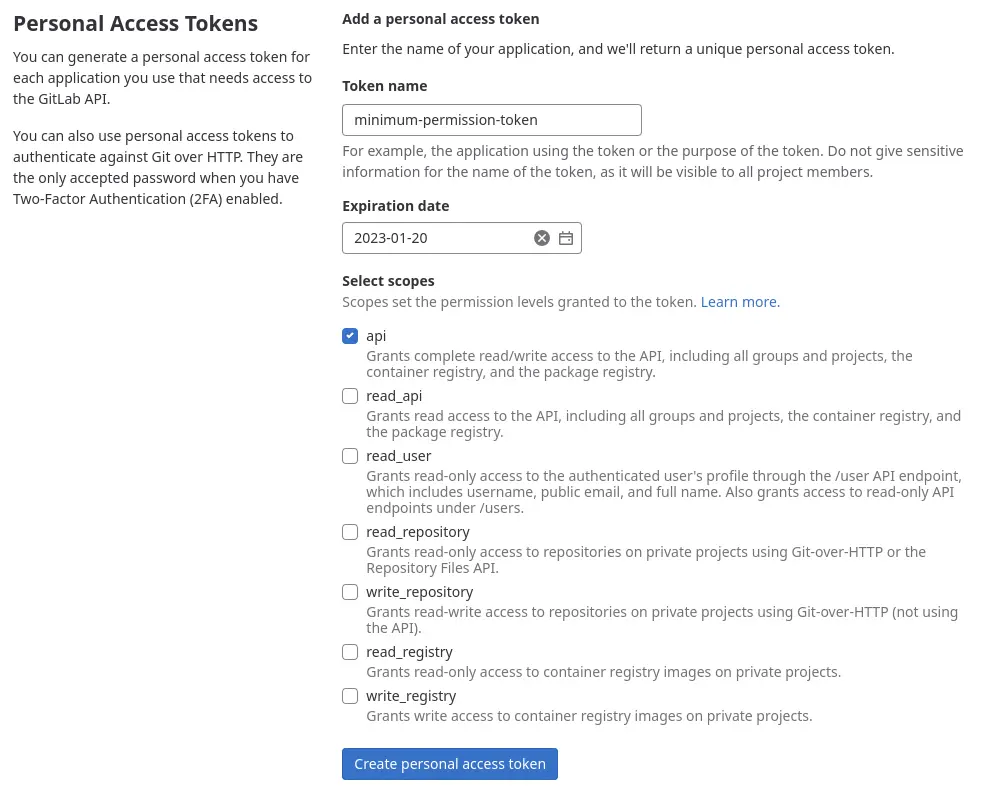 Minimum GitLab Personal Access Token Permissions