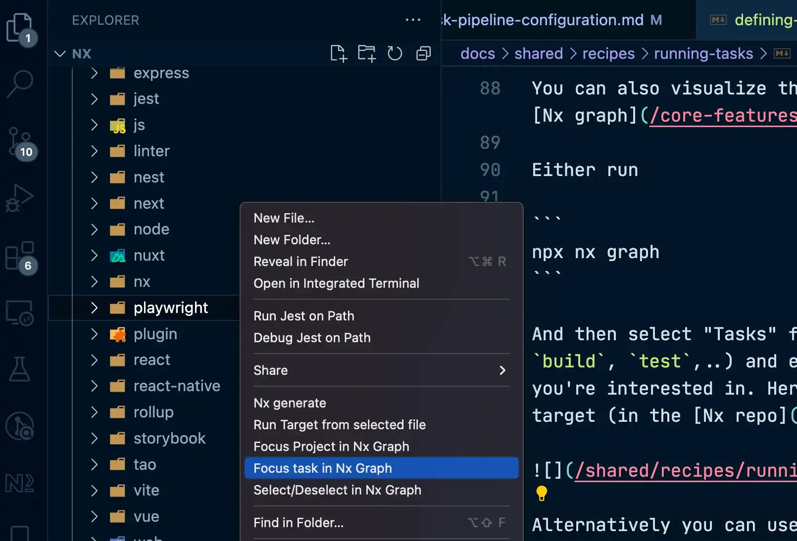 Selecting "Focus task in Nx Graph" from the context menu in VS Code
