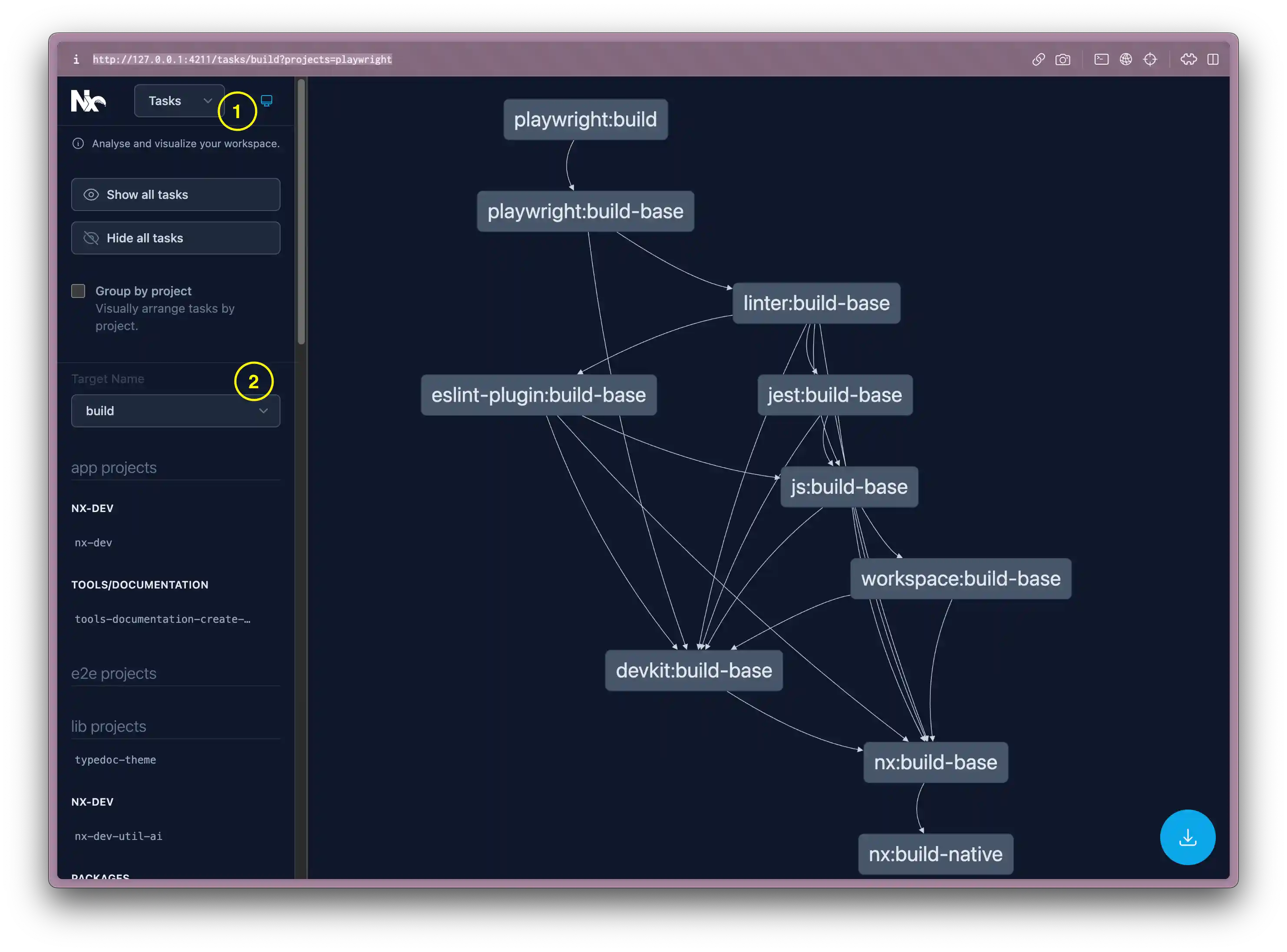 Task graph of the Playwright Nx plugin in the nx repo being rendered in the browser