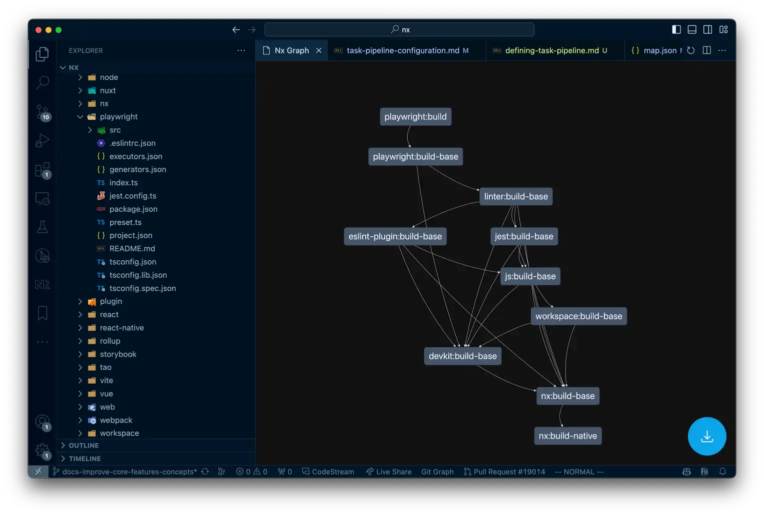 Task graph of the Playwright Nx plugin in the nx repo being rendered in VS Code